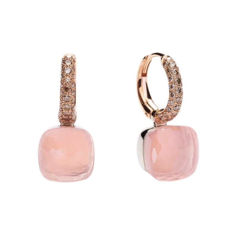 Boucles D'oreilles Vintage Clips Quartz Rose, Doré Or, Bijou Ancien Patiné Superbe