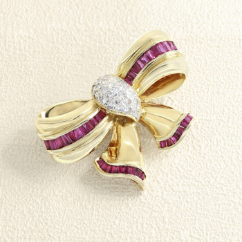 Broche Nœud Or jaune, Rubis...
